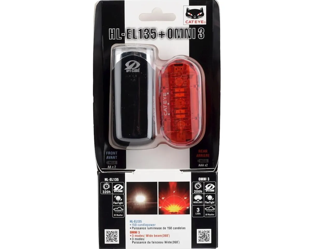 CatEye Bike Lights|HL-EL135 + Omni 3 Headlight & Tail Light Set (Black) (150 Lumens)