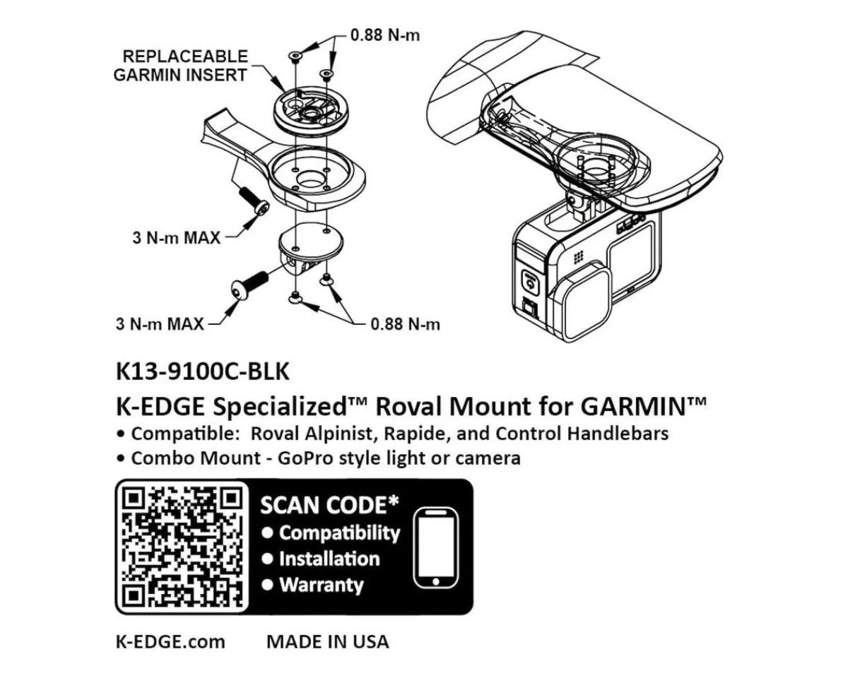 K-Edge Mounts & Handlebar Accessories|Computer Combo Mount (Black) (Specialized Roval) (Garmin Insert)