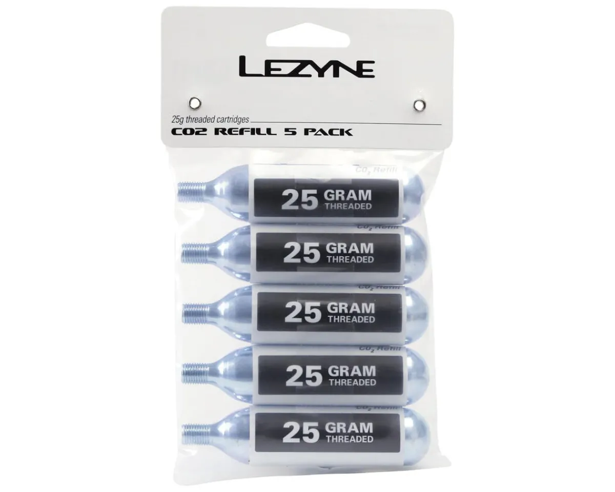 Lezyne Pumps & Co2|Pumps & Co2|Threaded CO2 Cartridges (Silver) (5 Pack) (25g)