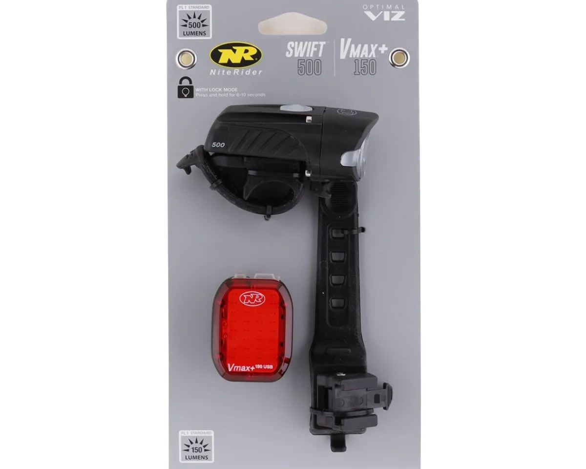 NiteRider Bike Lights|Swift 500 & Vmax+ Combo Light Set (Black) (500/150 Lumens)