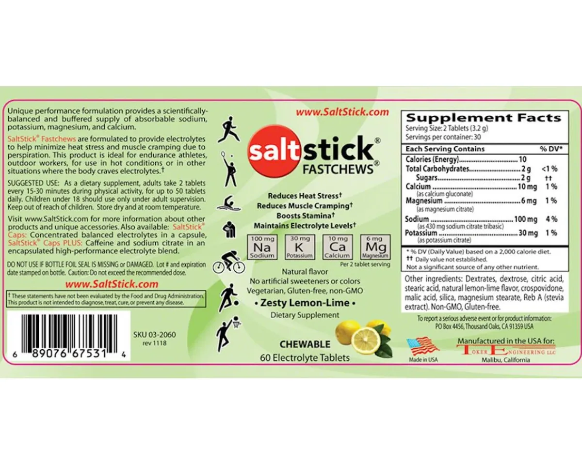 Saltstick Nutrition & Skin Care|Fastchews Chewable Electrolyte Tablets (Zesty Lemon Lime) (1 | 60 Tablet Bottle)