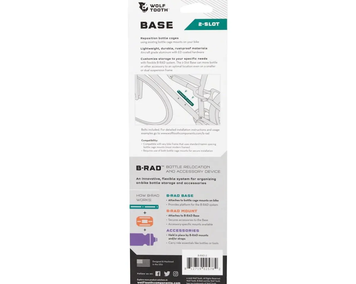 Wolf Tooth Components Bottle Cages & Mounts|B-RAD Mounting Bases (Black) (2 Slot)
