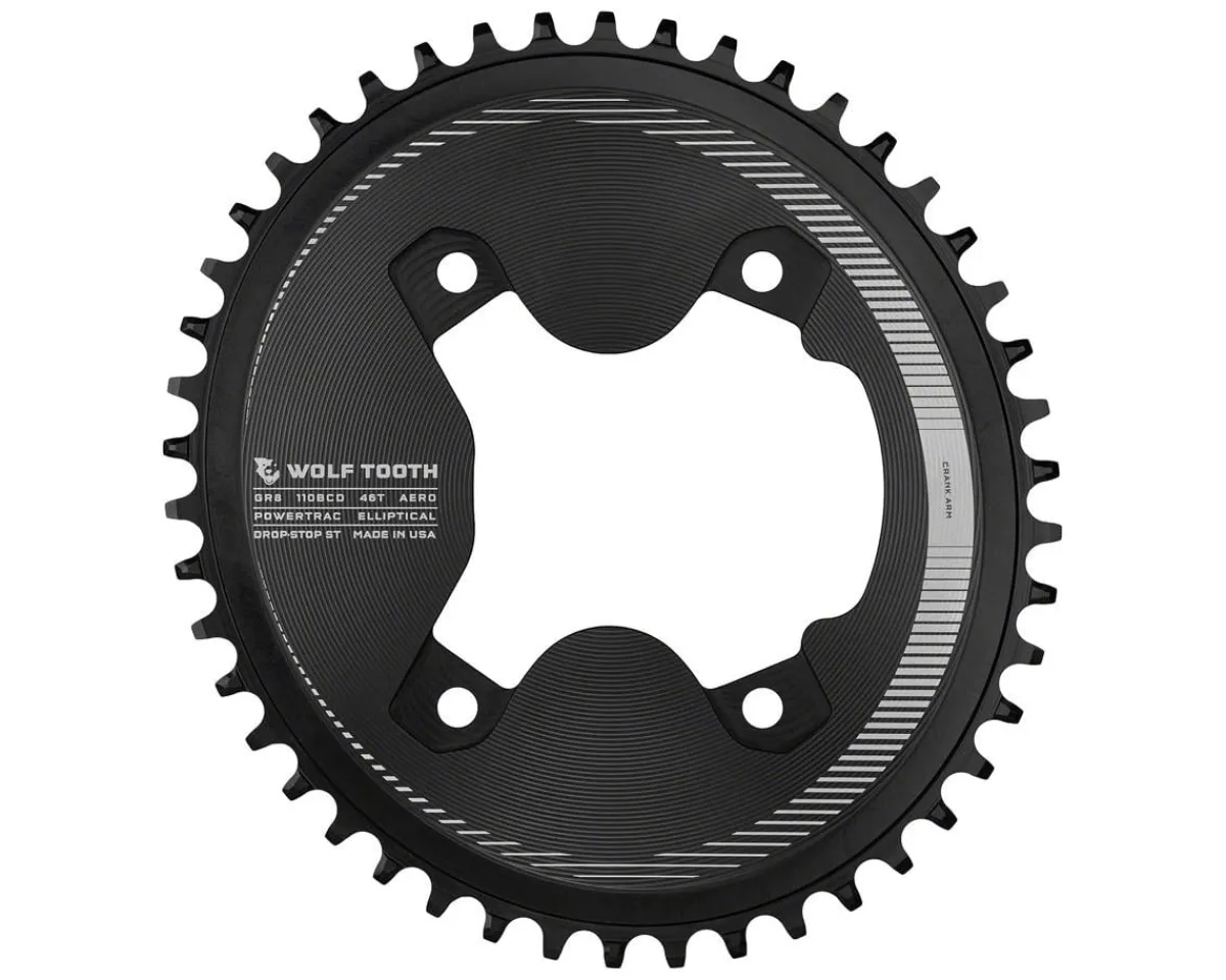 Wolf Tooth Components Chainrings & Accessories|Replacement Parts|Elliptical Aero Chainring (Black) (GRX 800 Series) (Drop-Stop ST) (Single) (46T) (110mm Shimano Asym. BCD)