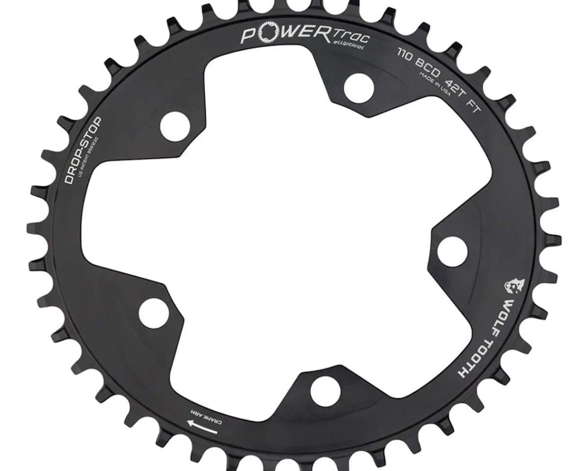 Wolf Tooth Components Chainrings & Accessories|Gravel/CX/Road Elliptical Chainring (Black) (110mm BCD) (Drop-Stop B) (Single) (38T)