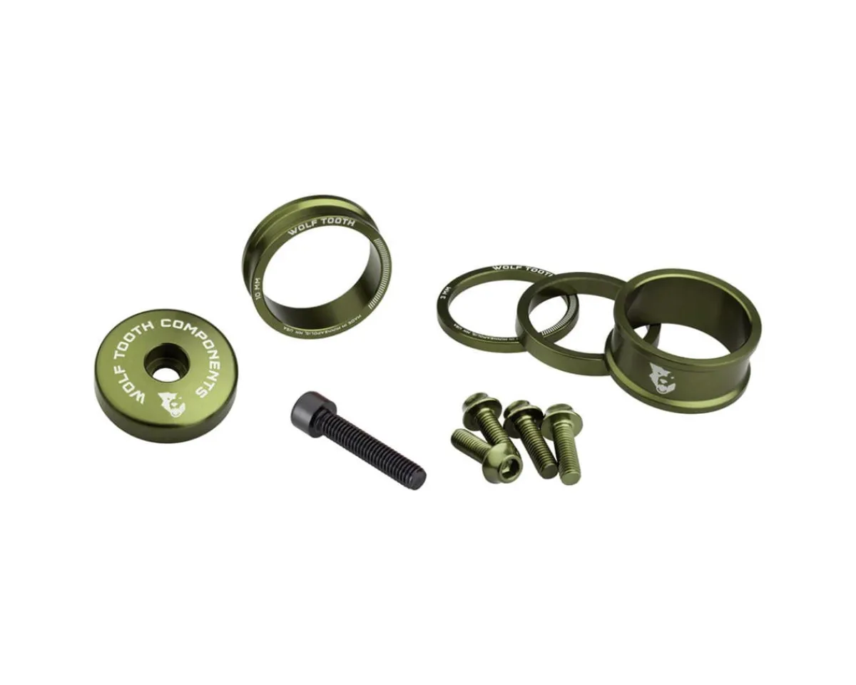 Wolf Tooth Components Headsets & Spacers|Headset Spacer BlingKit (Olive) (3, 5, 10, 15mm) (w/ Bottle Cage Bolts)