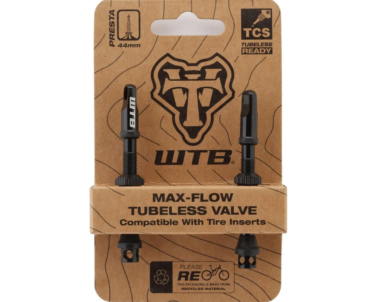 WTB Tubeless Tire Tools|Tubeless Accessories|TCS Max-Flow Tubeless Presta Valves (Black) (Pair) (44mm)